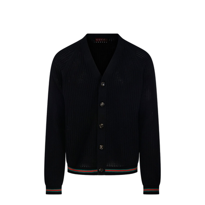 Cotton Knit Cardigan with Web in Black - Image 1