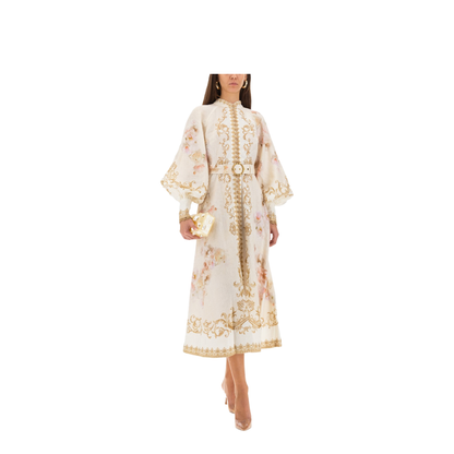 Cream Floral Baroque Linen Maxi Dress - Image 2
