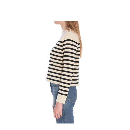 Crew Neck Sweater in Wool Cashmere - Ecru/Black - Image 2