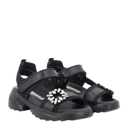 On The Run Black Leather And Textile Sandals - Image 2