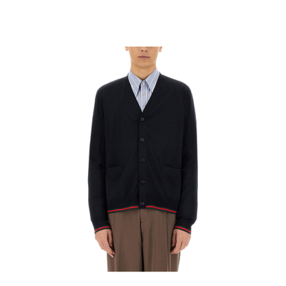 Wool Knit Cardigan with Web in Dark Blue - Image 1