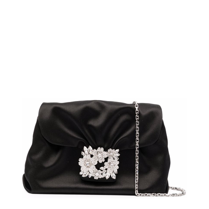 Roger Vivier RV Bouquet Strass Buckle Drapé Mini Satin Clutch Bag - Black - Image 1