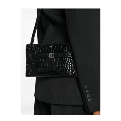 Croco-Embossed Leather Mini Crossbody Bag - Black - Image 2