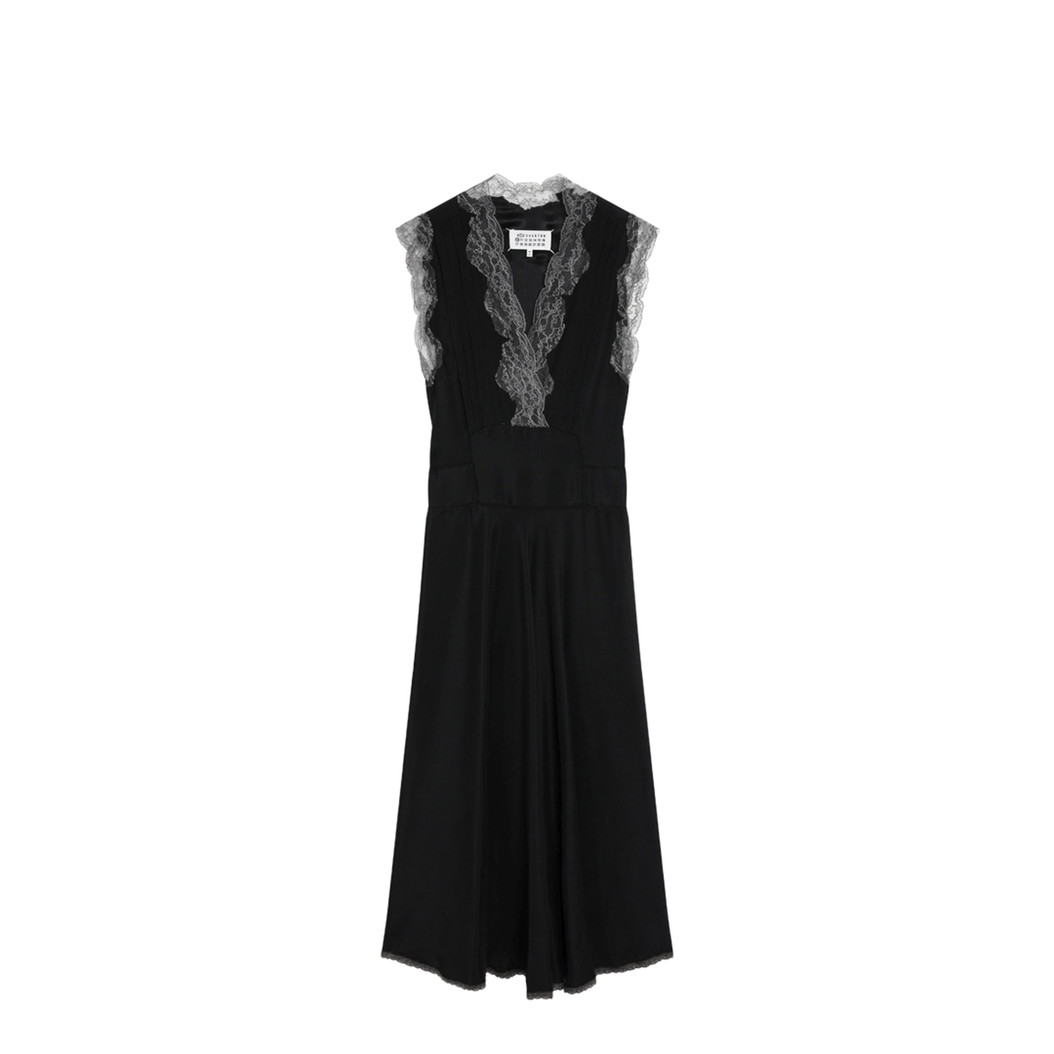 Black Silk Midi Dress with Lace - Image 1
