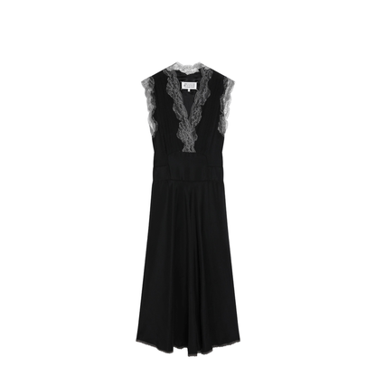 Black Silk Midi Dress with Lace - Image 1