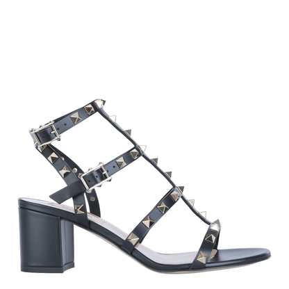 Rockstud Calfskin Leather Sandals with Studs in Black - Image 1