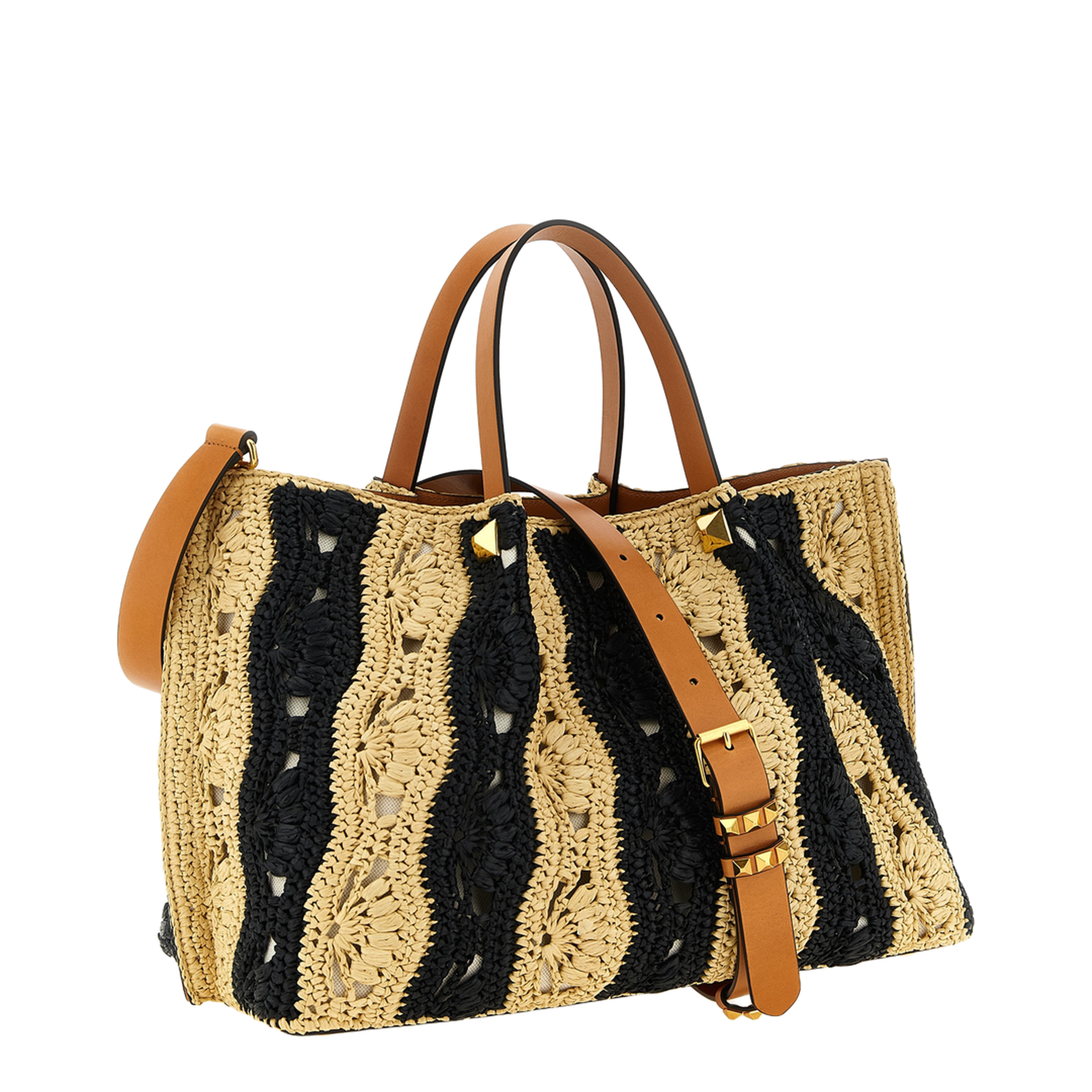 VLogo Signature Medium Synthetic Raffia Shopping Bag - Natural/Black - Image 2