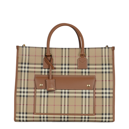 Freya Medium Coated Canvas Shopping Bag - Vintage Check/Briar Brown - Image 2