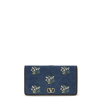 Mini VLogo Signature Shoulder Bag in Denim with Floral Embroidery - Image 1