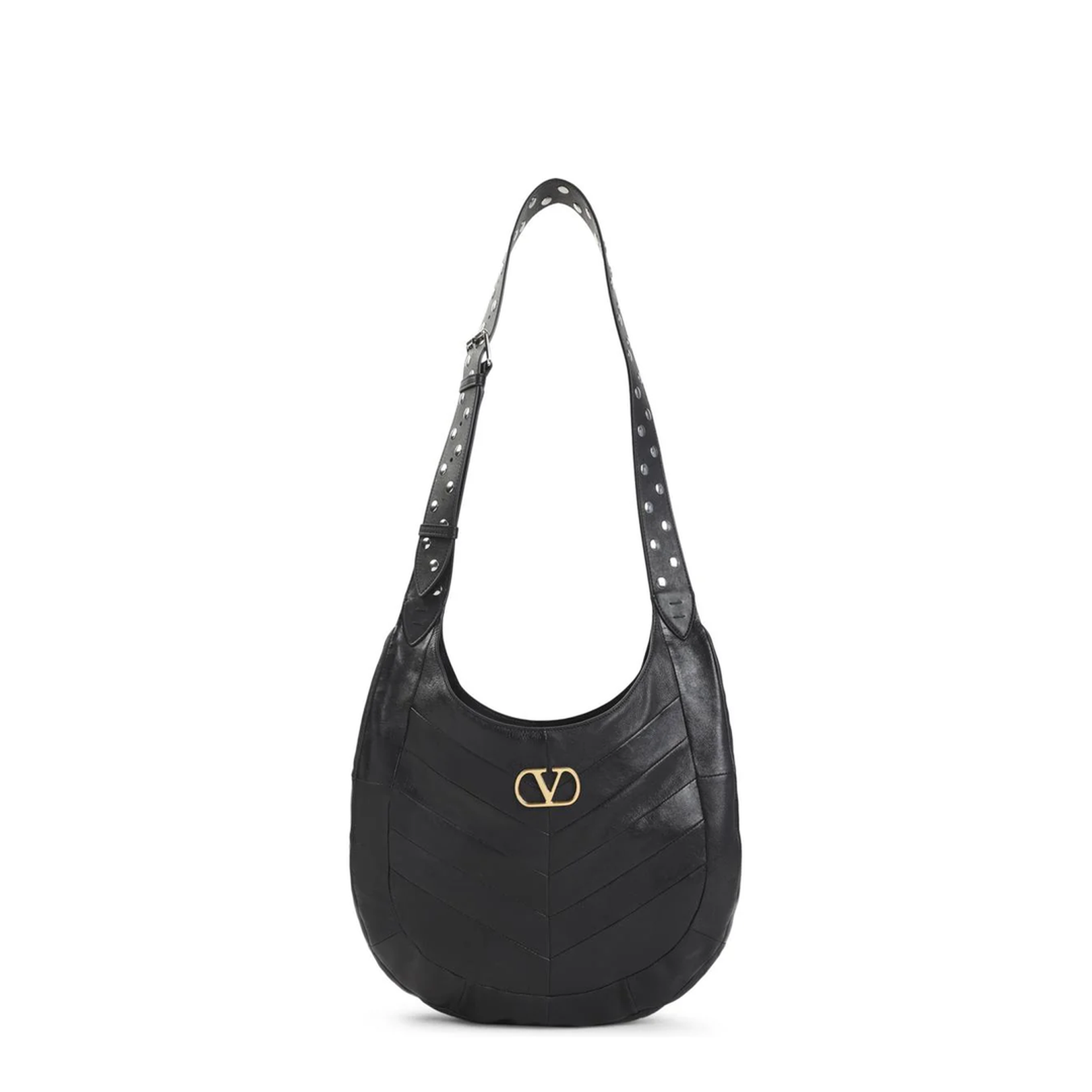 Hoboho Nappa Leather Hobo Bag With Chevron Pattern Black - Image 1