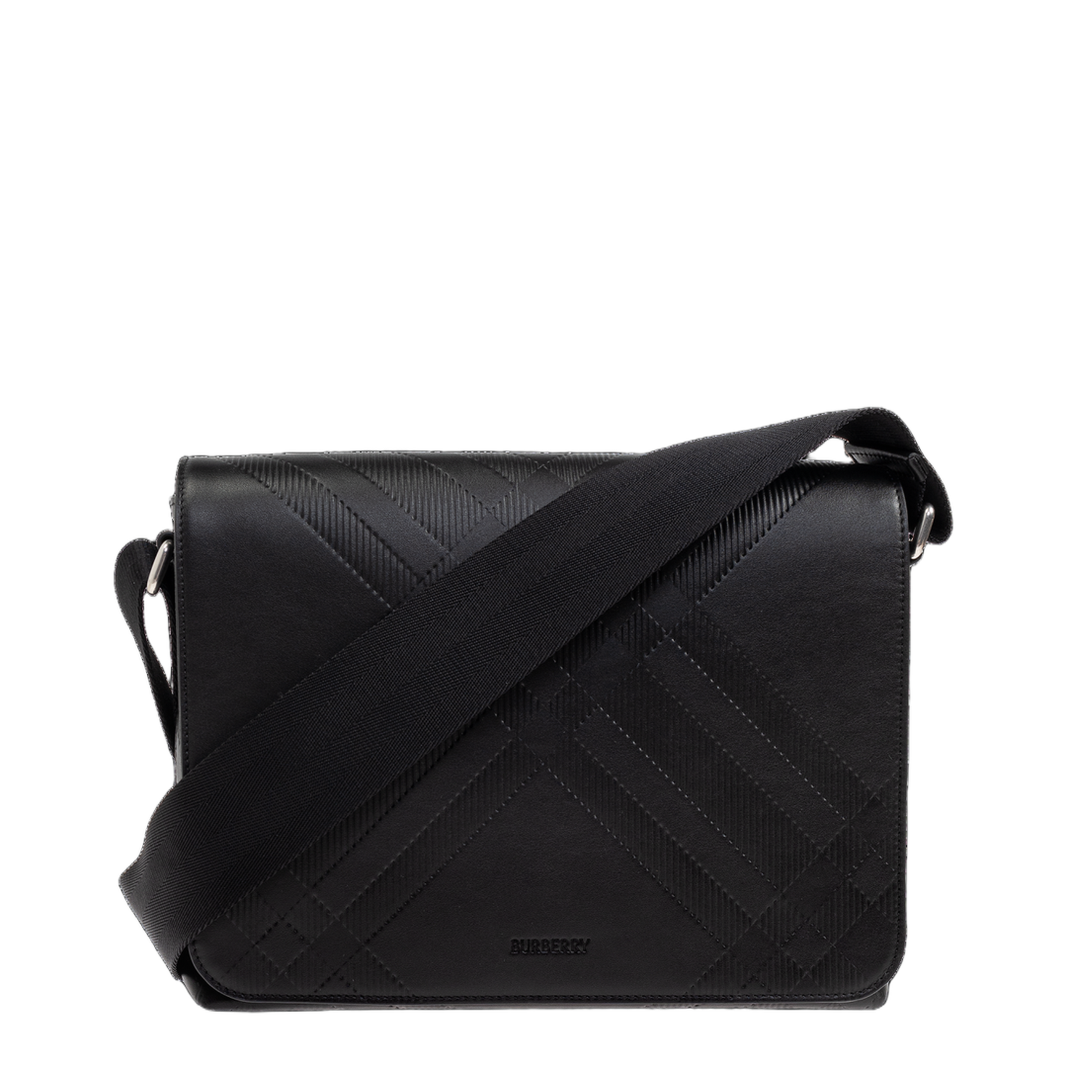 Embossed Check Calf Leather Messenger Bag - Black - Image 1
