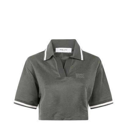 Green Short Sleeves Polo Collar Cropped Top - Image 1