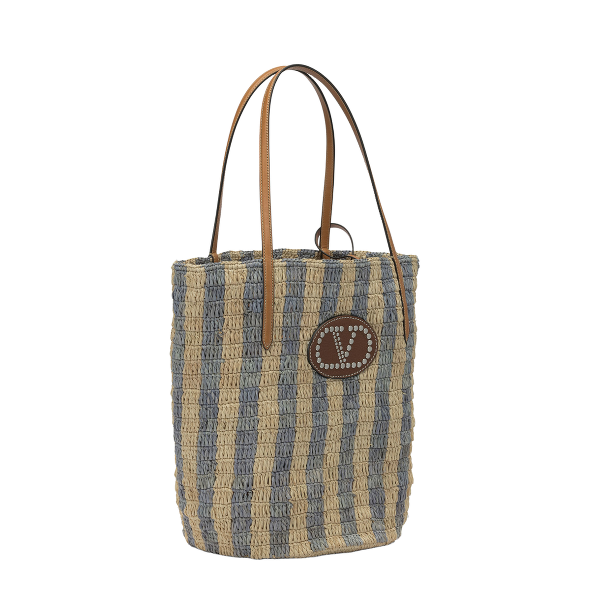 Striped Raffia Tote Bags - Natural/Blue - Image 2