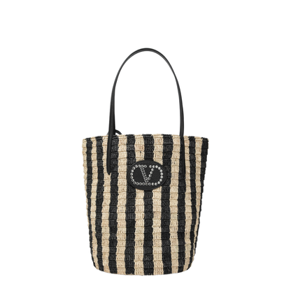 Striped Shoulder Bag in Raffia and Leather - Image 1