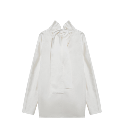 White Draped Blouse in Viscose-Linen with Waterfall Neck - Image 2