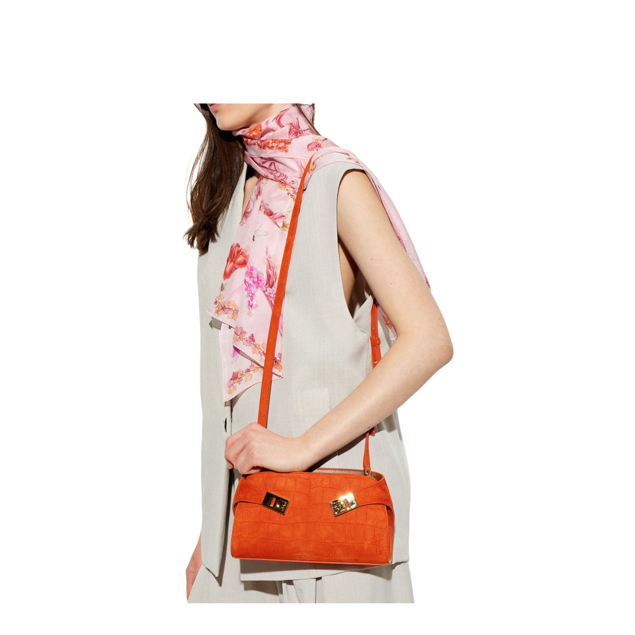 Hug Mini Croc-Embossed Calf Suede Crossbody Bag - Light Siena - Image 2