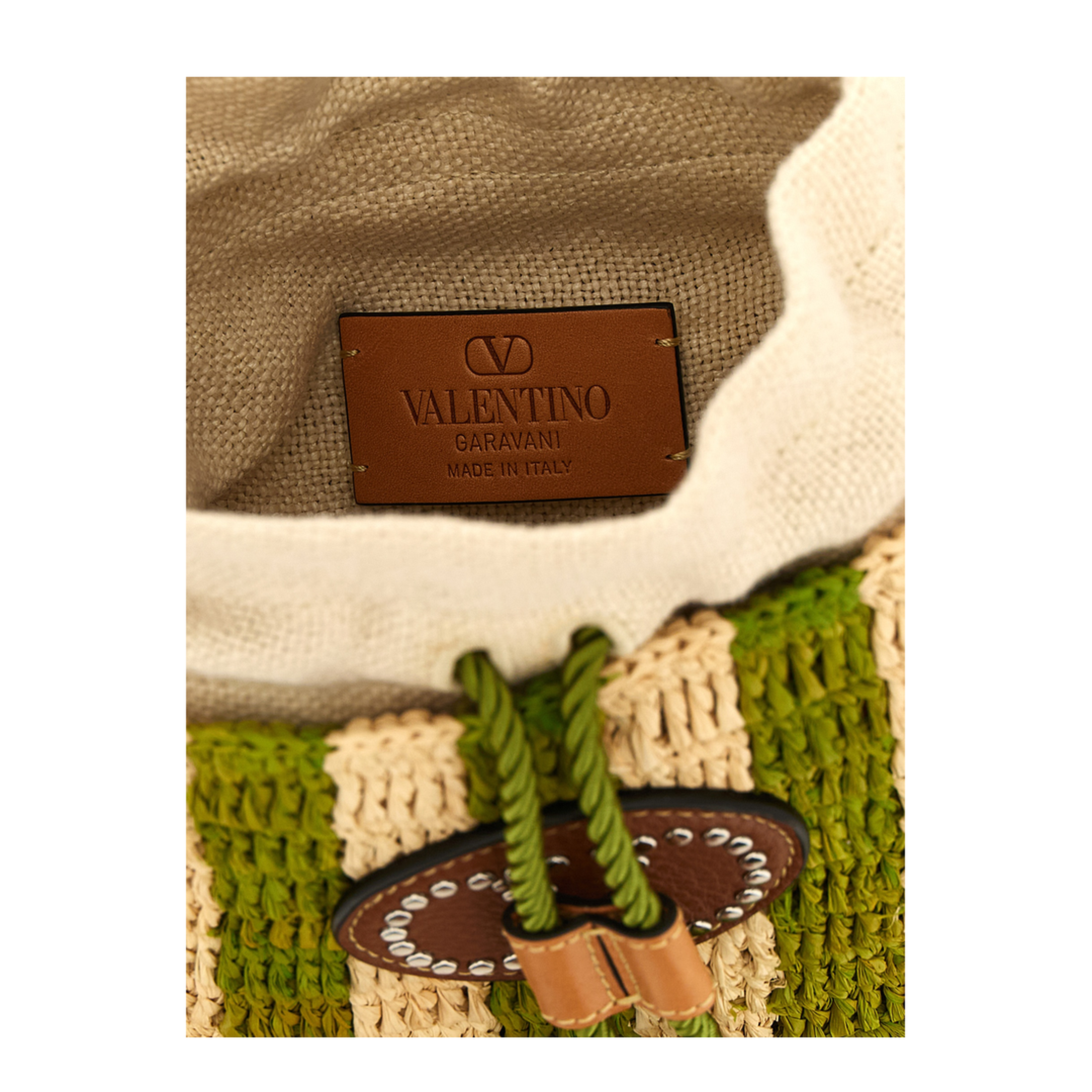 Small Striped Raffia Bucket Bag - Beige/Green - Image 3