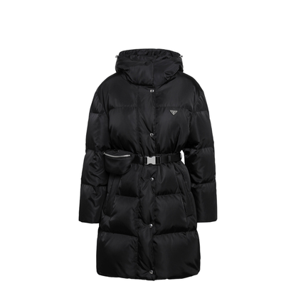 Black Re-Nylon Long Down Jacket with Belt Bag - Image 1