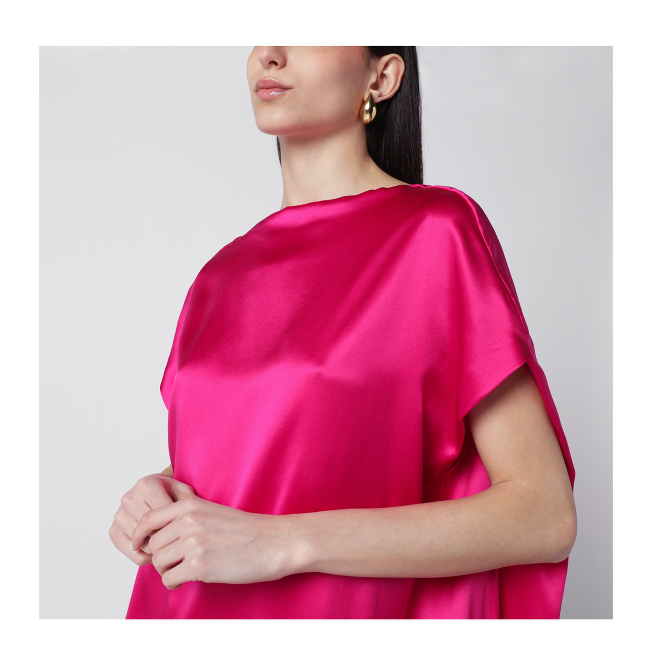 Fuchsia Silk Satin Midi Dress - Image 2