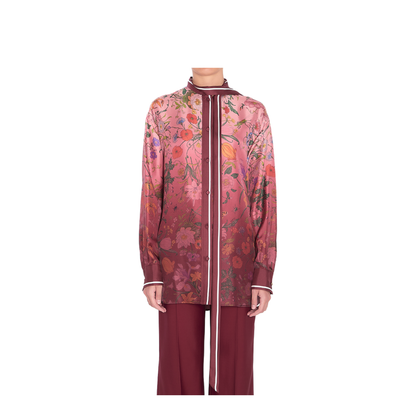 Printed Silk Shirt with Neck Bow in Pink and Rosso Ancora Red - Image 1