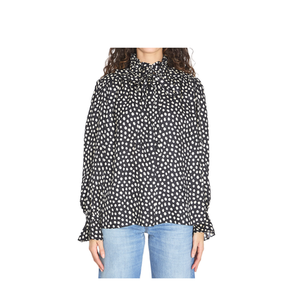 Black Blouse with High Neck and All-Over Polka Dot Motif - Image 1