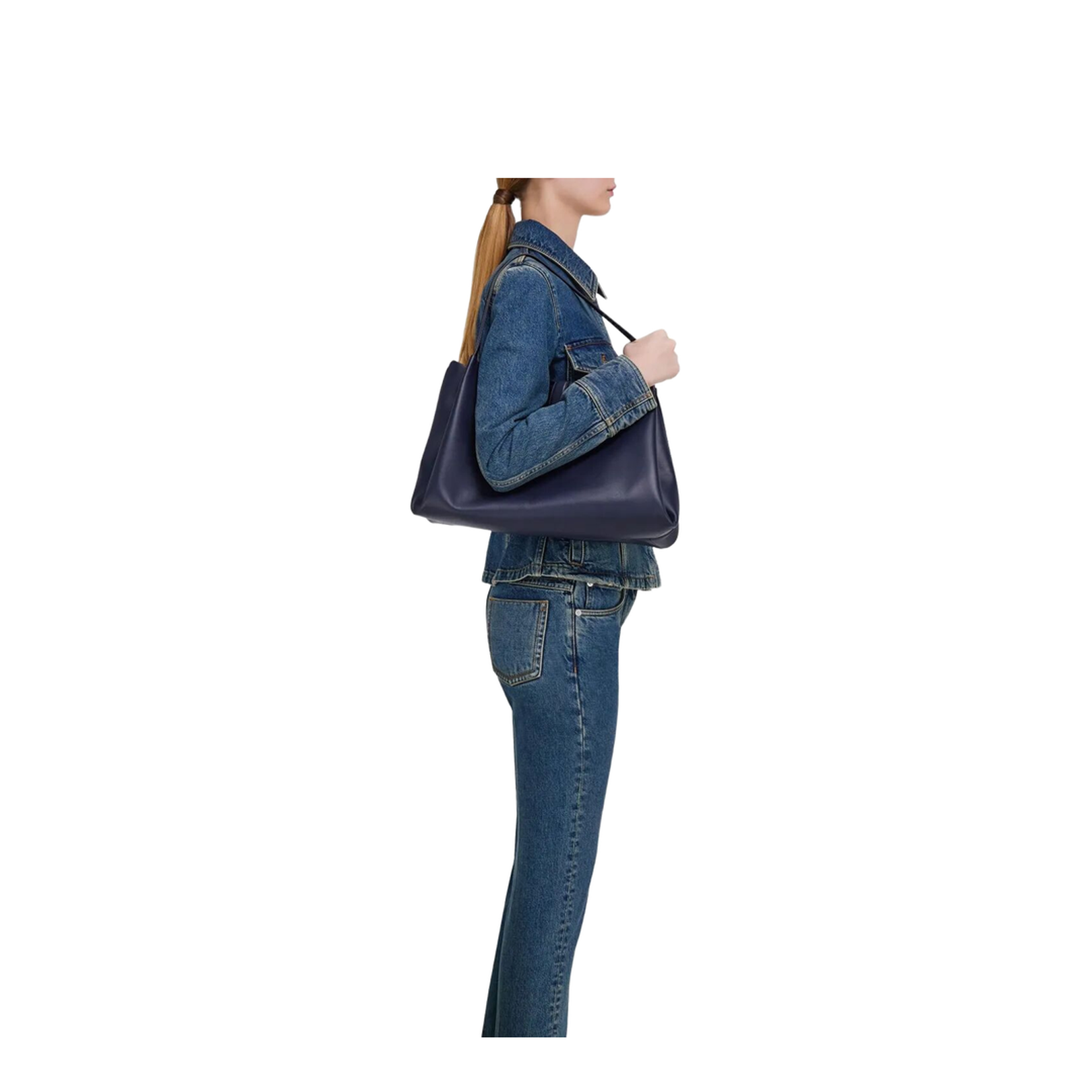 Large Leather Softened Tote Bag Blue - Image 2