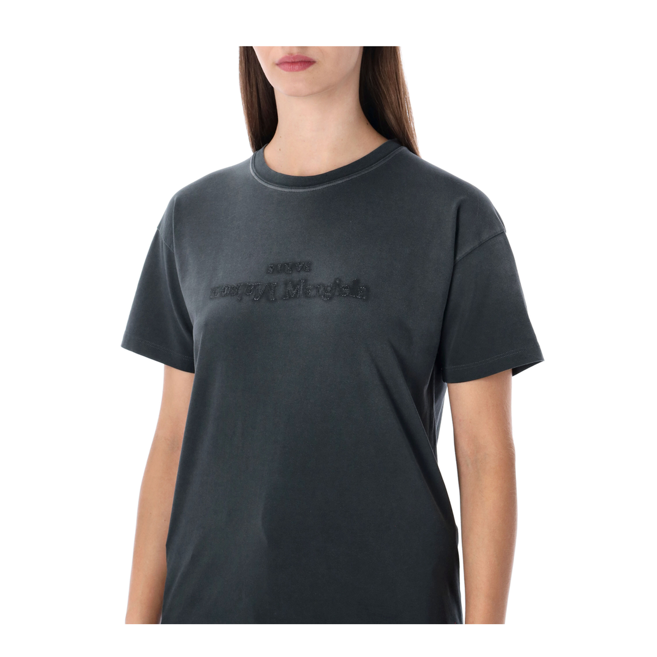 Black Washed-Out Cotton T-Shirt with Reverse Logo - Image 3