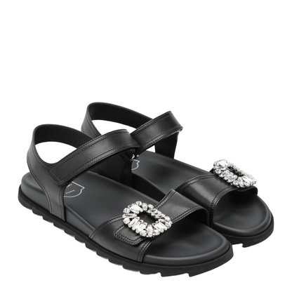 Black Leather Sandals With Crystal Buckle - Image 2
