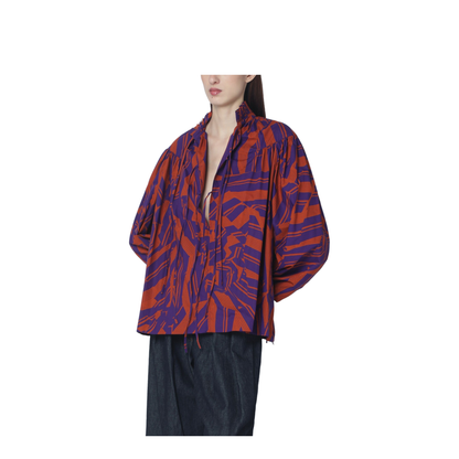 Loose Shirt with Ruffle Details and Crushed Stripe Print - Image 1