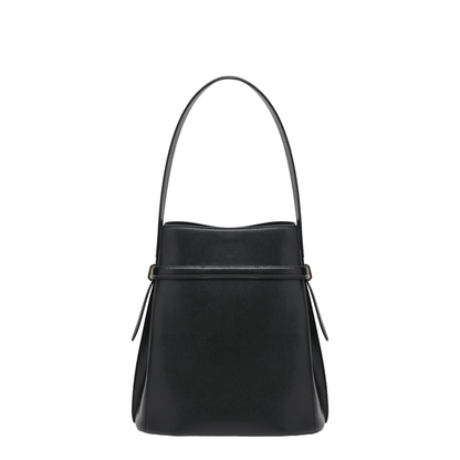 Black Leather Bucket Bag with Strap - Image 2