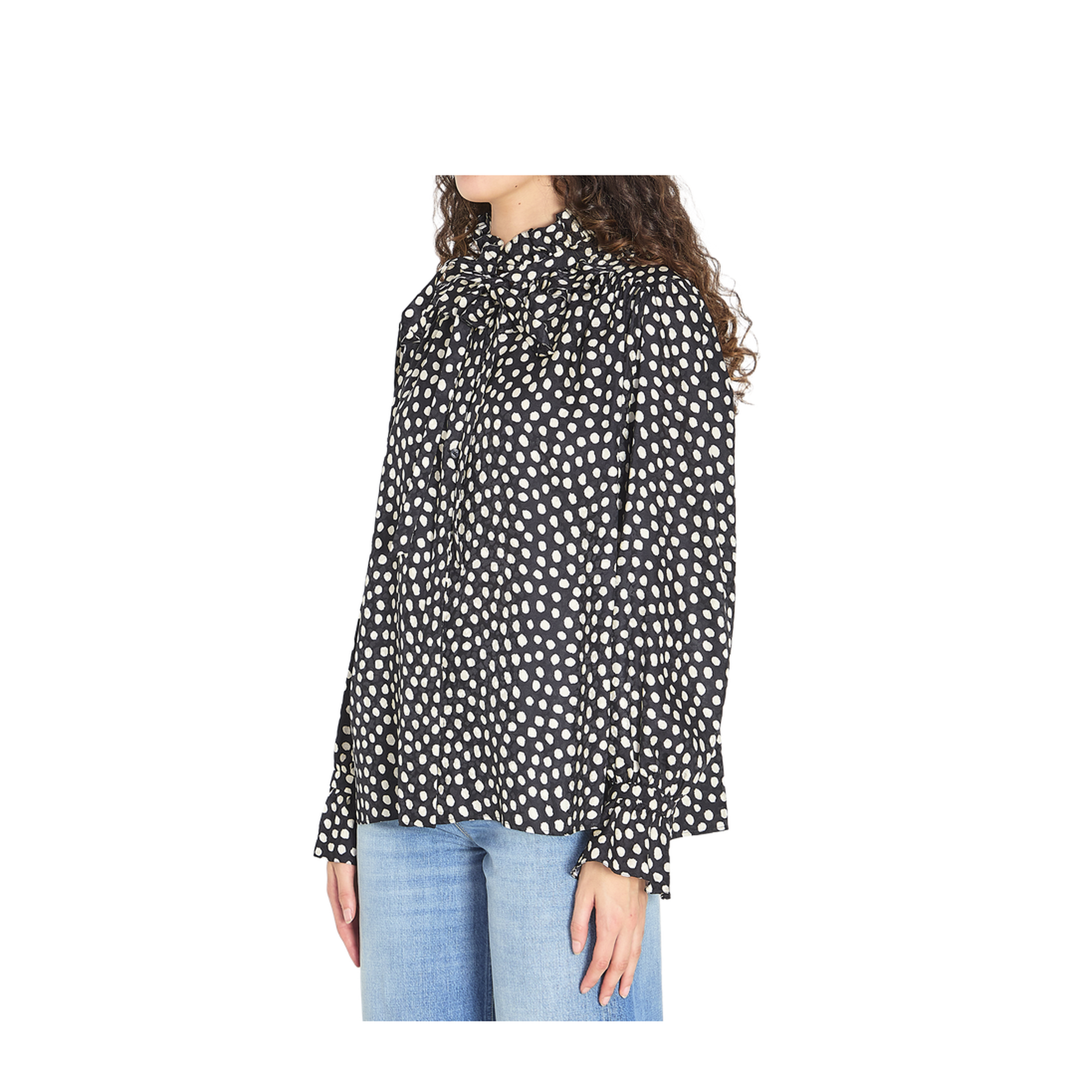 Black Blouse with High Neck and All-Over Polka Dot Motif - Image 2