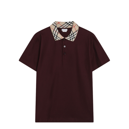 Cotton Polo Shirt with Check Collar in Vineyard Red - Image 1
