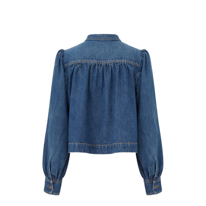 Denim High Neck Gathered Jacket - Image 3