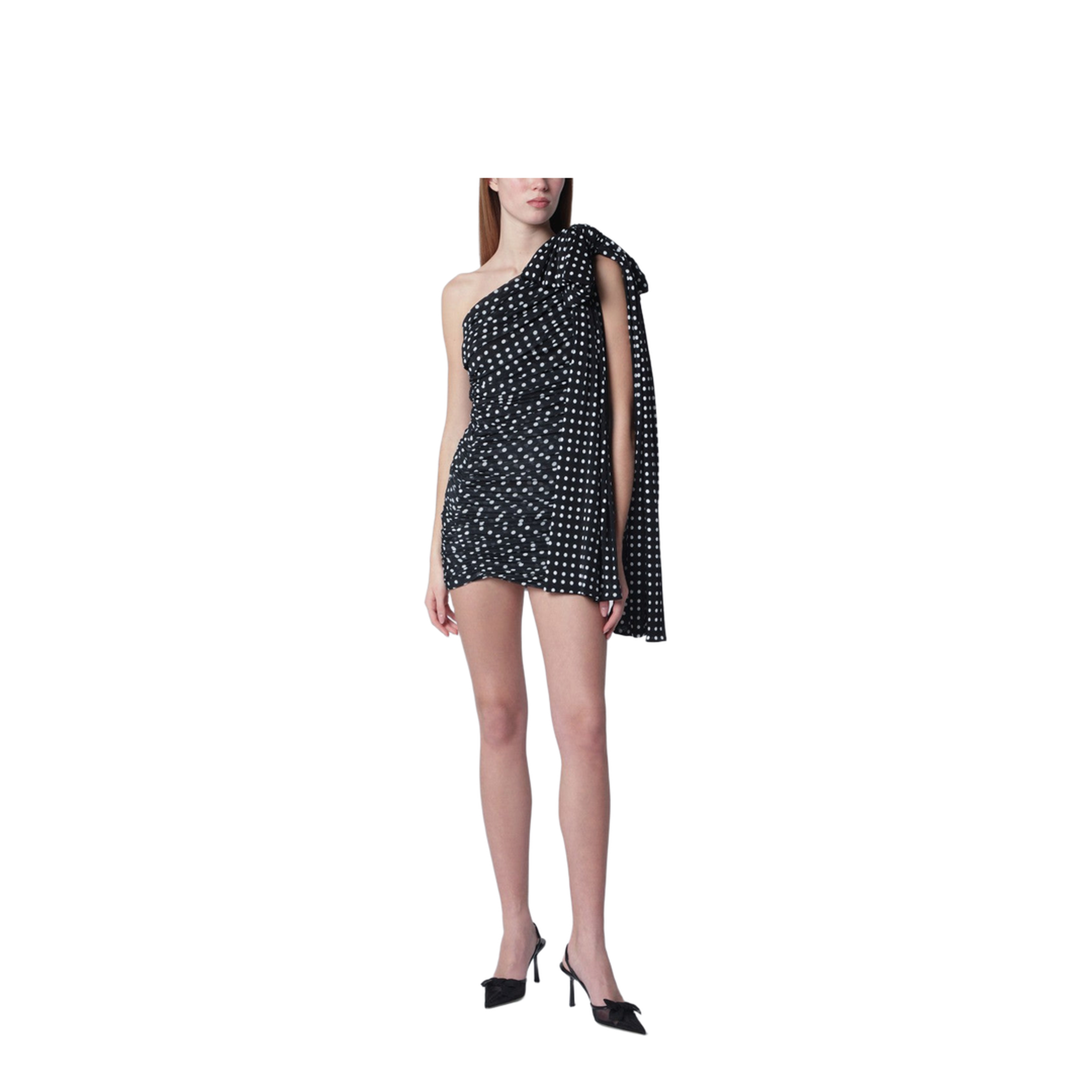 Blue Polka Dot Draped One-Shoulder Dress - Image 1