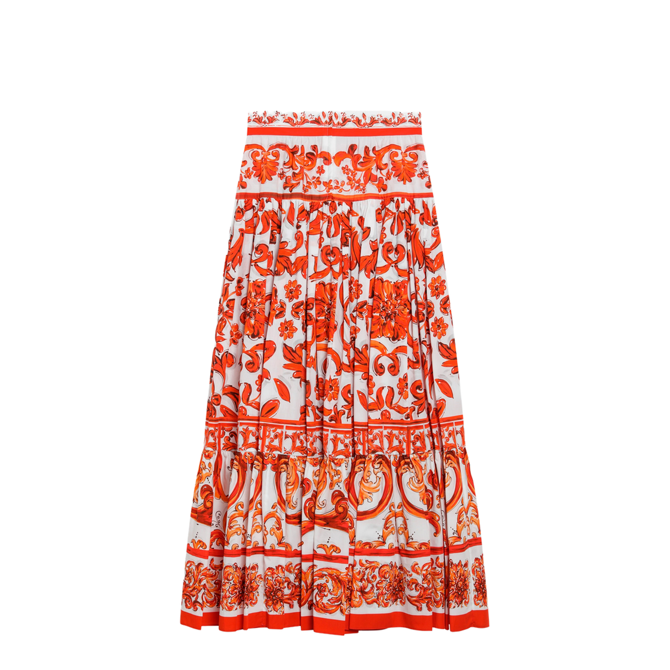 Long Maiolica-print Cotton Poplin Skirt in Orange - Image 2