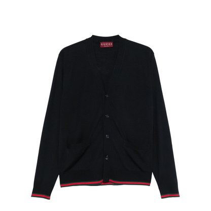 Wool Knit Cardigan with Web in Dark Blue - Image 1
