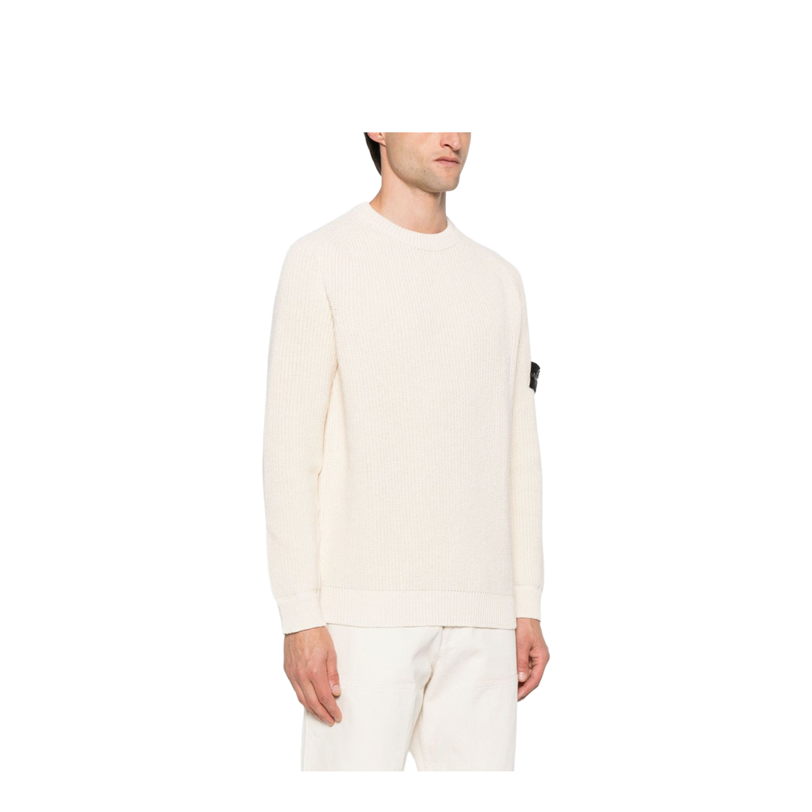 Beige Ribbed Knit Crew Neck Long Sleeves Compass Badge Cotton - Image 4