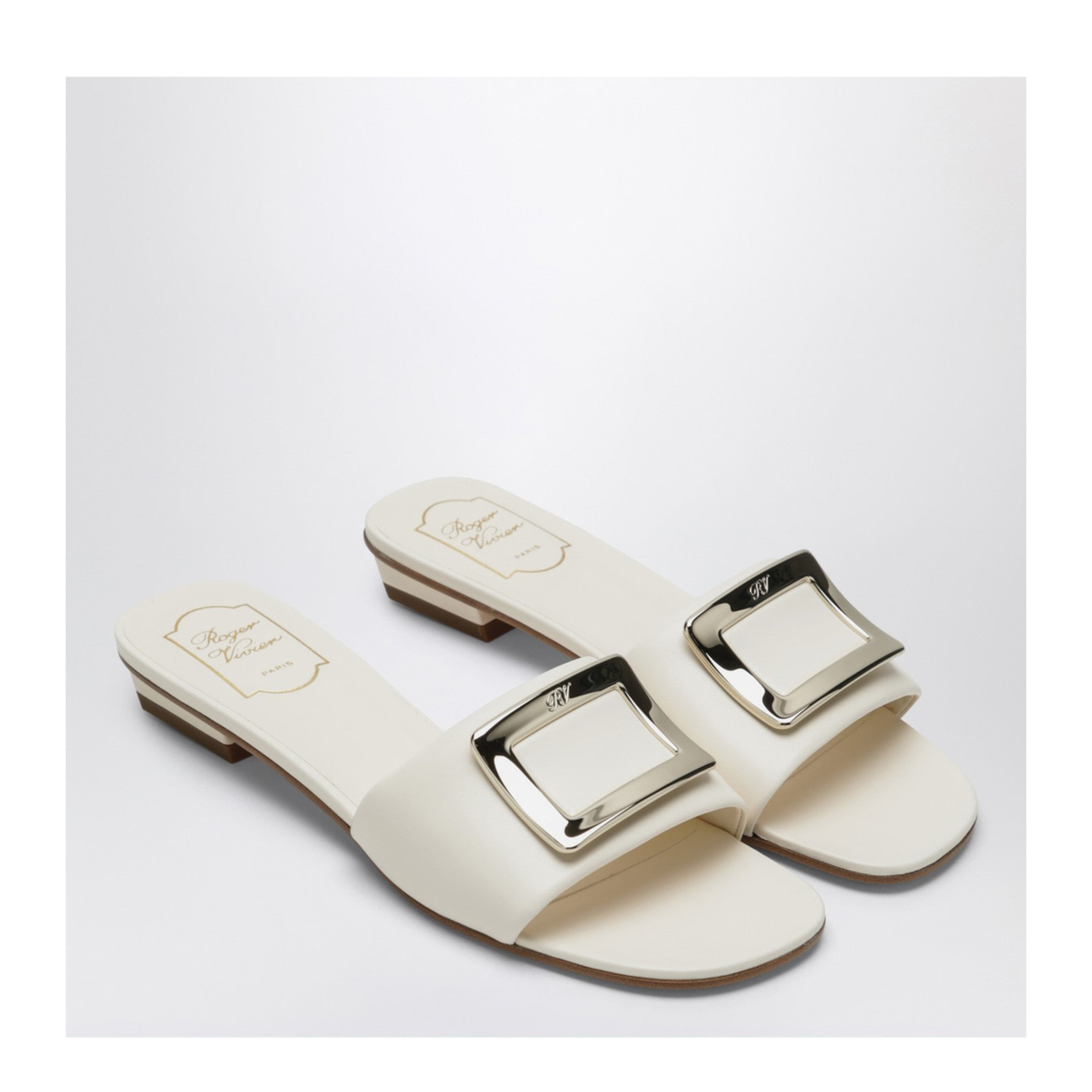 Square Buckle Leather Slides White - Image 2