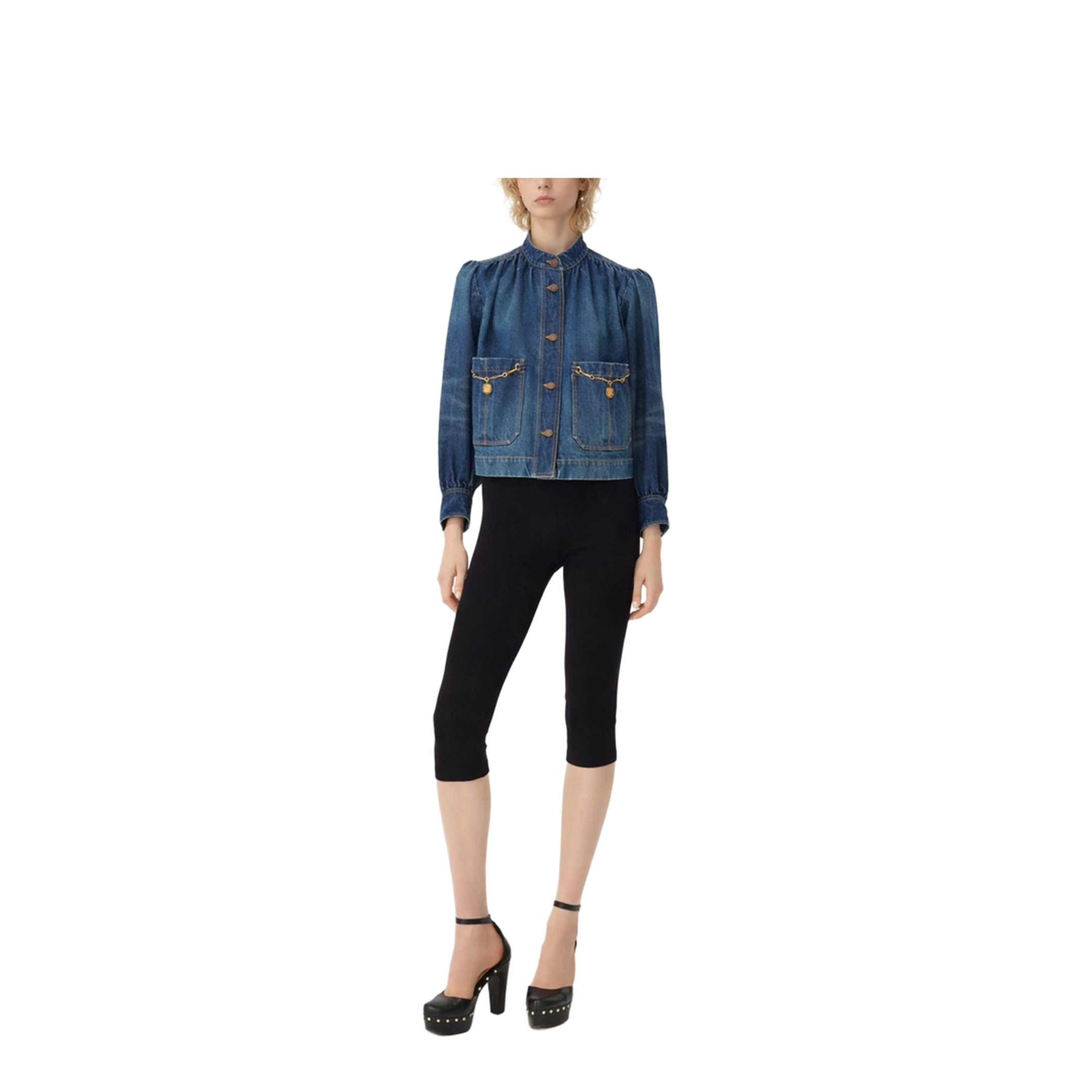 Denim High Neck Gathered Jacket - Image 2