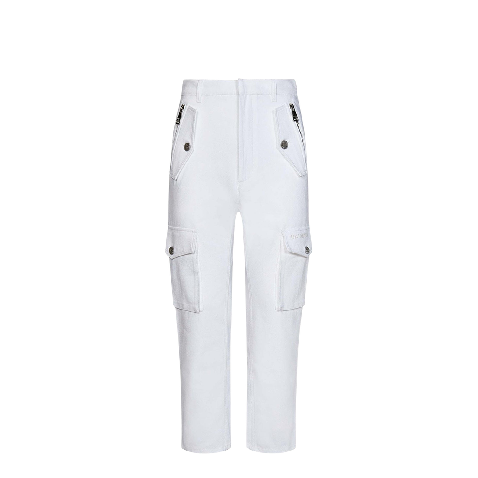 White Cargo Pants Silver Logo Plate - Image 1