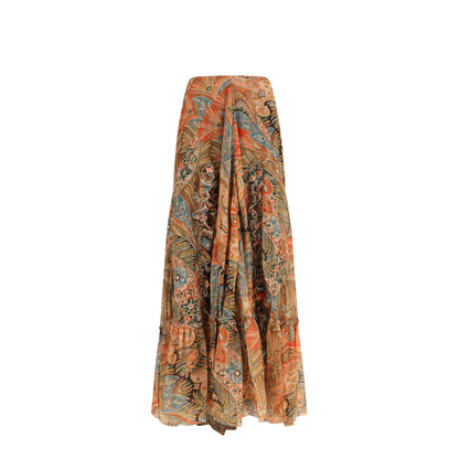 Silk Long Skirt with Flounce and Paisley Motif - Image 1