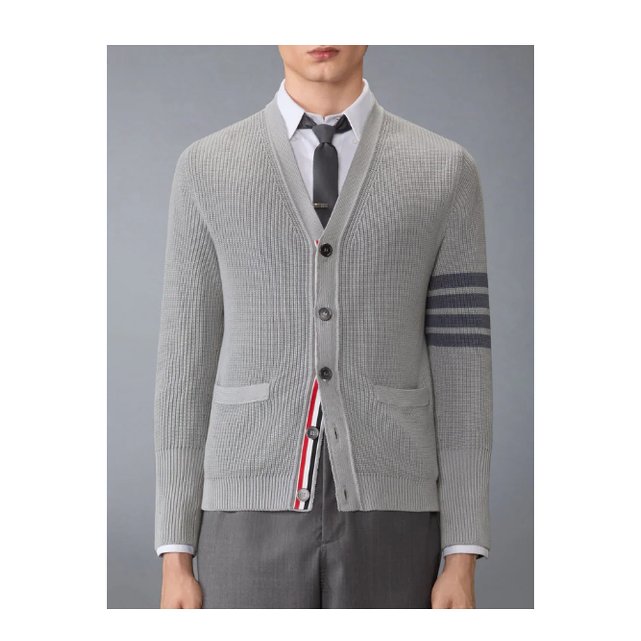 GARMENT DYE CARDIGAN STITCH V NECK CARDIGAN IN COTTON W/ TONAL 4 BAR STRIPE - Image 2