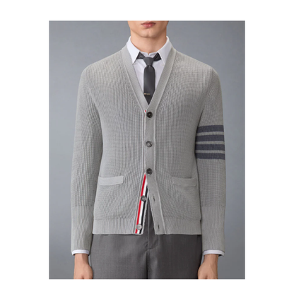 GARMENT DYE CARDIGAN STITCH V NECK CARDIGAN IN COTTON W/ TONAL 4 BAR STRIPE - Image 2