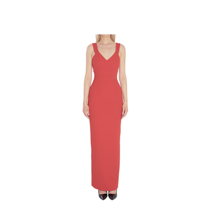 Red Sleeveless Design V-Neckline Fitted Bodice Maxi Length Straight Skirt - Image 1