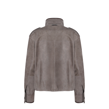 Faded Green Jacket With High Neck And Front Patch Pockets In Suede - Image 4