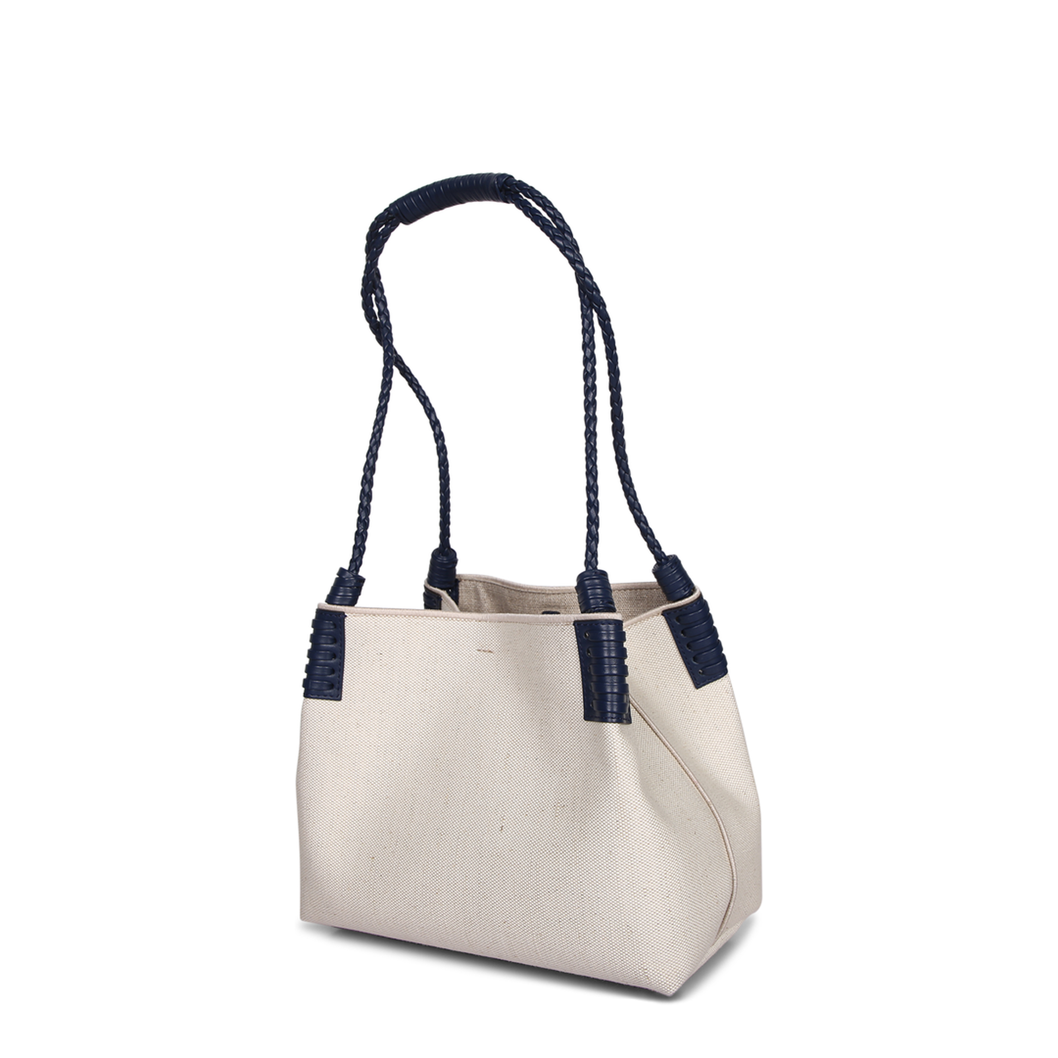 Beige Canvas Fabric. Blue Leather Details. Braided Handles. - Image 1