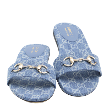 Slide Sandal with Horsebit in Blue GG Denim - Image 5