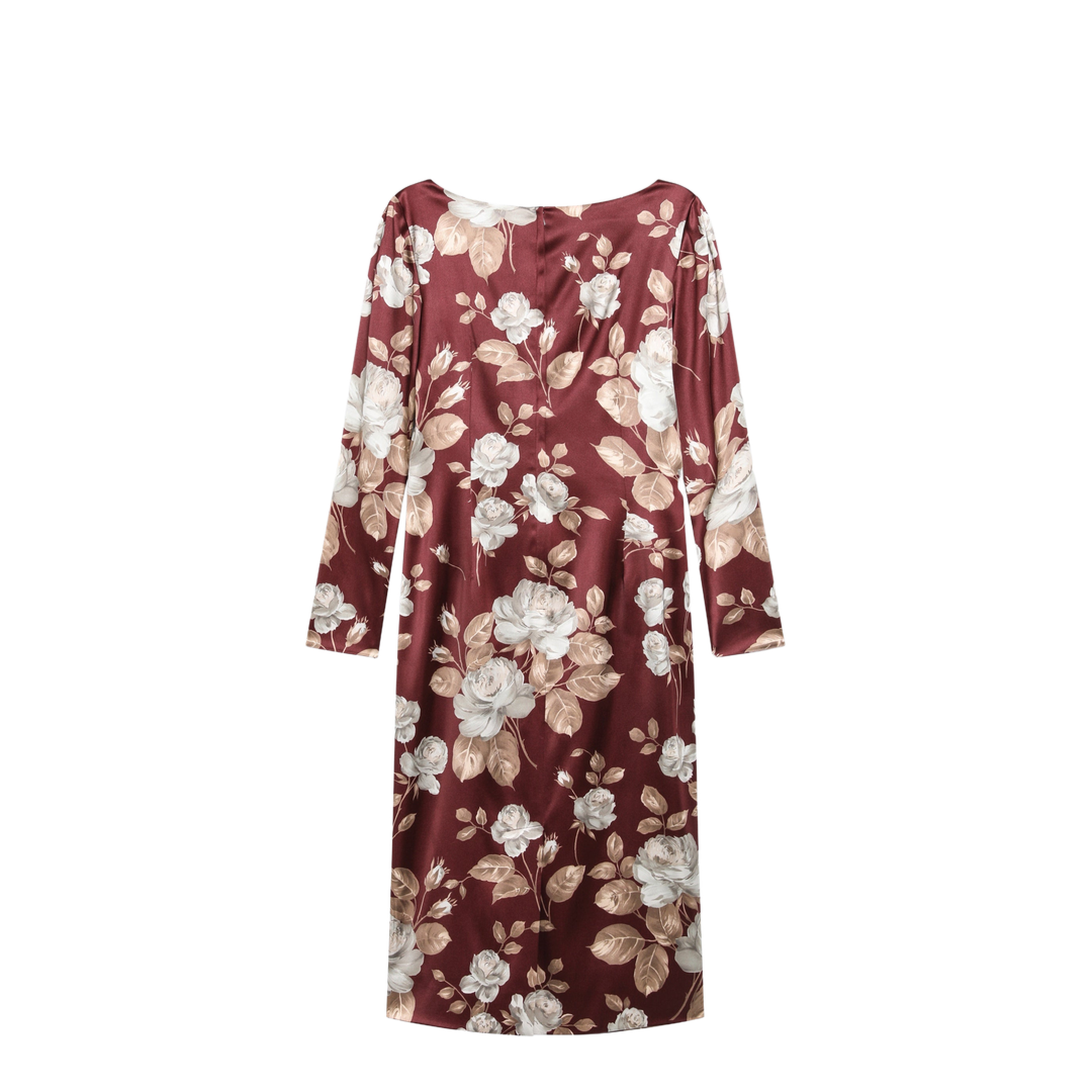 Burgundy Satin Dress with Floral Print - Image 2