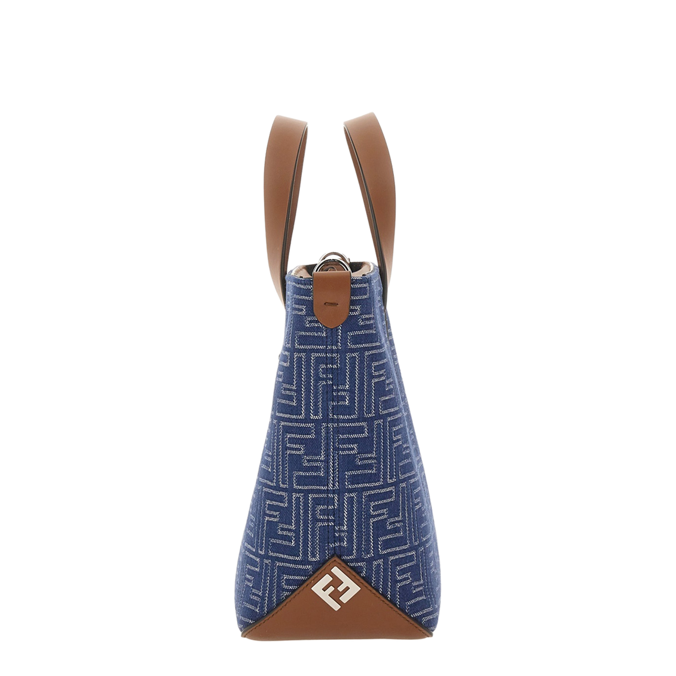 FF Leather Denim Effect FF Jacquard Blue And Brown Small Shopping Bag - Image 4