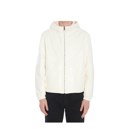 Leather and fabric jacket with reversible hood - Image 1